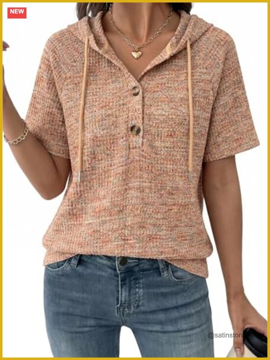 Tops - Waffle Knit Short Sleeve V Neck Drawstring Hoodie Casual Top
